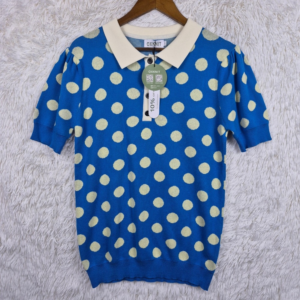 NWT OXKNIT Blue Polka Dot Cotton Polo Sweater Puff Sleeve Knit Top Large Preppy
